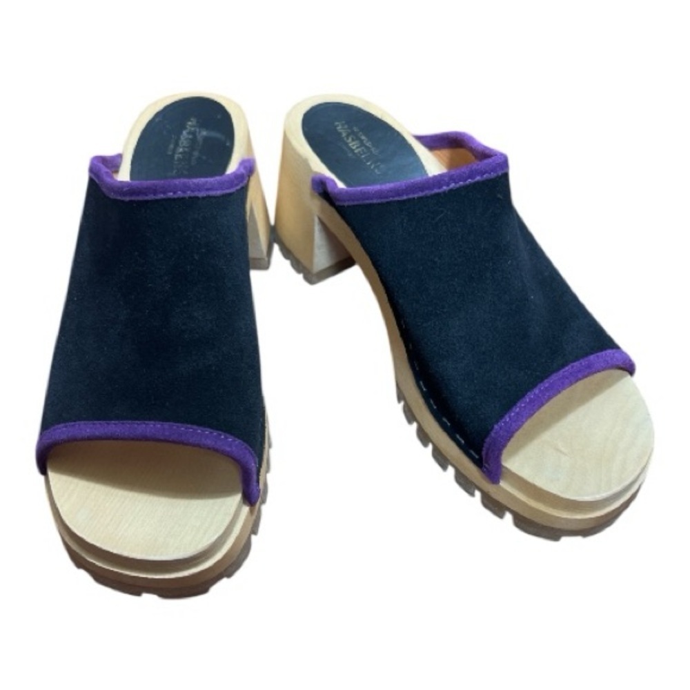 Swedish Hasbeens Sz 8 US (38 EU) Piping Clog Black Suede Purple Piping EUC